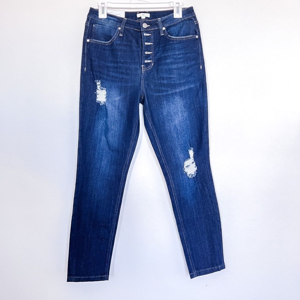 BP Women's Cotton Blend Button Front Distressed Jeans in Dark Blue size 30